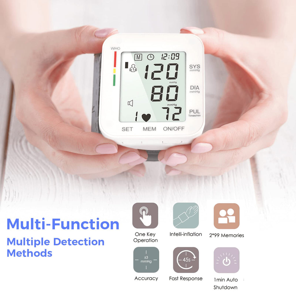 MMIZOO Wrist Blood Pressure Monitor Large LCD Display BP Machine Adjustable Cuff 5.31-7.68 inch Automatic 99x2 Sets Memory with Carrying Case for Home Use (White)