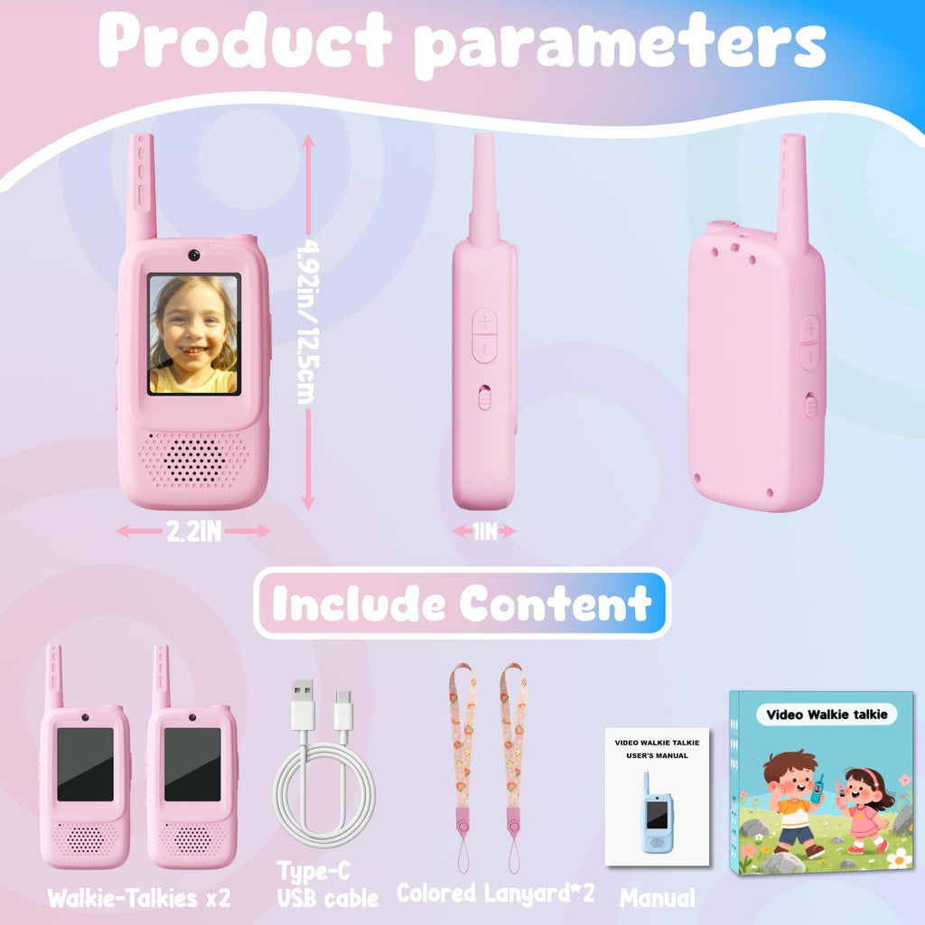 Video Walkie Talkies for Kids, 2 Pack Rechargeable Walkie Talkies with Screen, Indoor Outdoor Toy for 3 4 5 6 7 8 9 10 Year Old Girl, Christmas Birthday Gifts for Girls Age 3-12 (Pink)