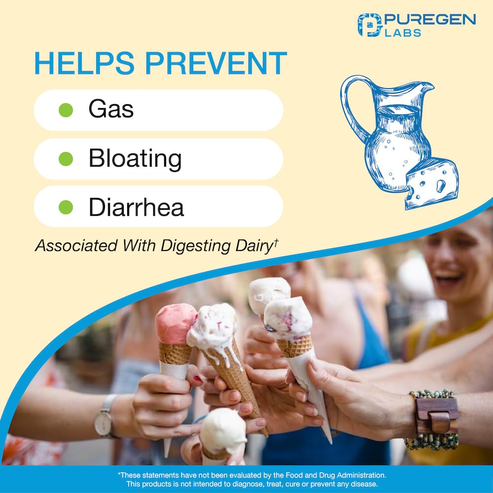 Puregen Labs Dairy Relief Natural Fast Acting Lactase Enzyme 3000 FCC, Lactose Intolerance Pills | 2 Pack - 180 Caplets Total