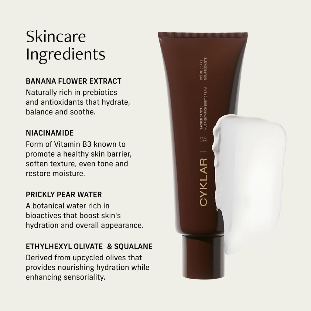 CYKLAR Nutrient Rich Body Cream – Sacred Santal – Non-Greasy Lotion for 48-Hr Moisture – Squalane, Niacinamide & Banana Flower for Hydration & Skin Barrier Support – Dry Skin Moisturizer 8oz