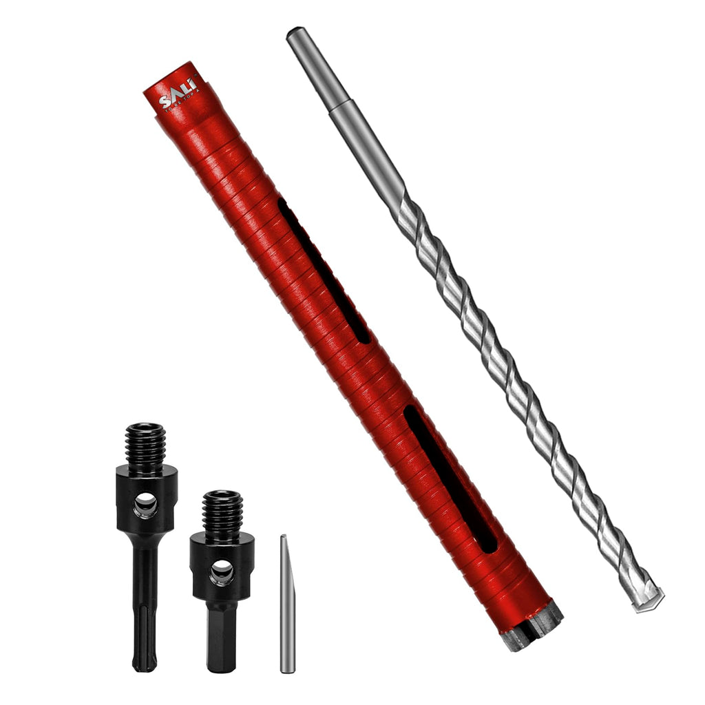 SALI Diamond Core Drill Bits 1" Diameter 10"/254mm Drilling Depth 5/8-11" Thread Core Bit Turbo Laser-Welded Segments for Cured Concrete with Brick Block Masonry with Two Adapters（Red）