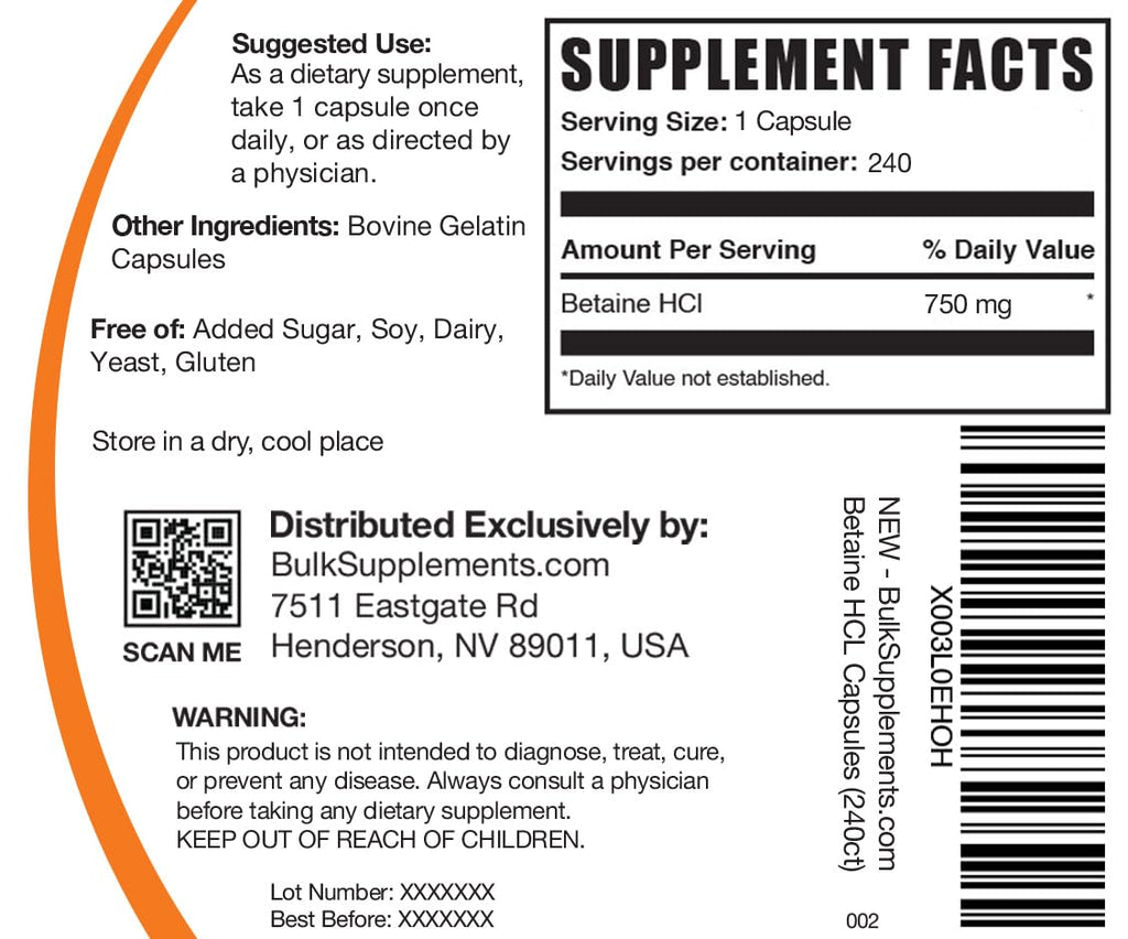 BulkSupplements.com Betaine HCl Capsules - Betaine Hydrochloride Supplement for Digestive Support, Betaine HCl 750mg - Gluten Free, 1 Capsule per Serving, 240 Capsules (Pack of 1)