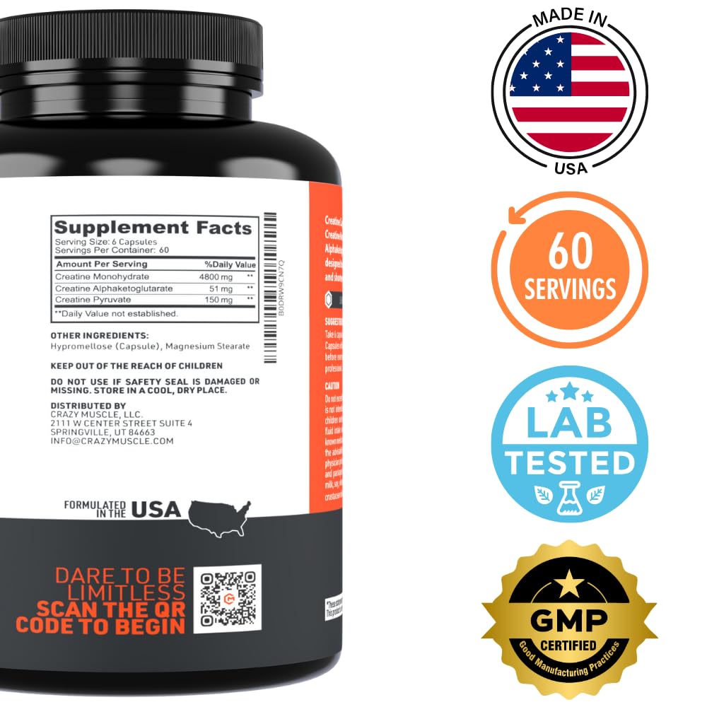 Crazy Muscle Creatine Capsules, 5g of Premium 3X ThreeAtine Pre Workout Bulk Mass Gainer, High Absorption Easy to Take Creatine Monohydrate, Optimum Performance for Men Women, 360 Capsules