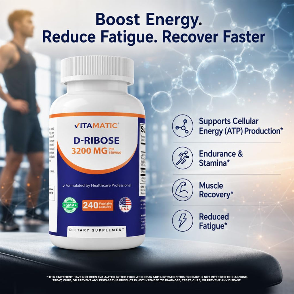 Vitamatic D-Ribose 3200 mg per Serving – Energy Support Supplement – 240 Vegetarian Capsules – Non-GMO & Gluten Free, Made in USA