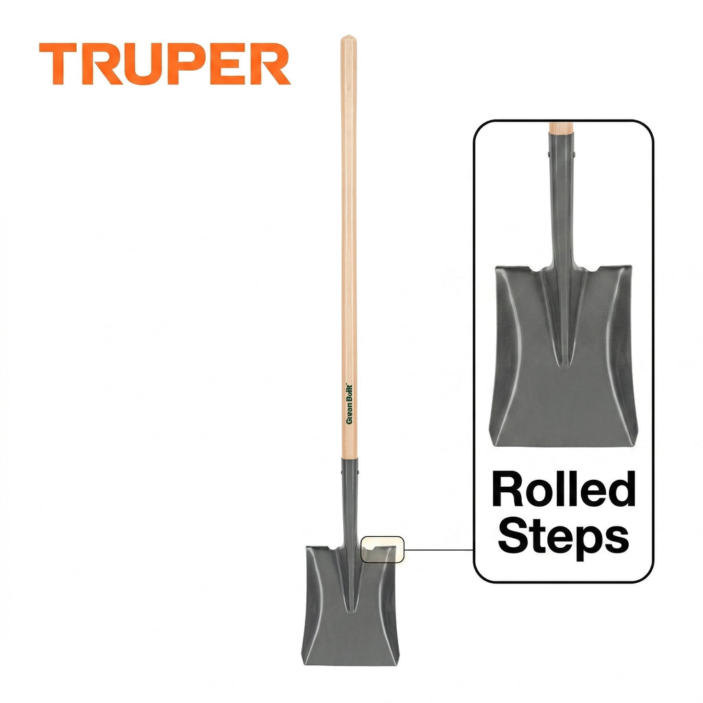 Truper Tru Built Square-Point Shovel, 45-Inch Wood Handle with 9-Inch Cushion Grip, Rolled Step Steel Blade, Heavy-Duty Scooping and Transfer Shovel (Model PCL-PE / 31174)