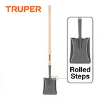 Truper Tru Built Square-Point Shovel, 45-Inch Wood Handle with 9-Inch Cushion Grip, Rolled Step Steel Blade, Heavy-Duty Scooping and Transfer Shovel (Model PCL-PE / 31174)