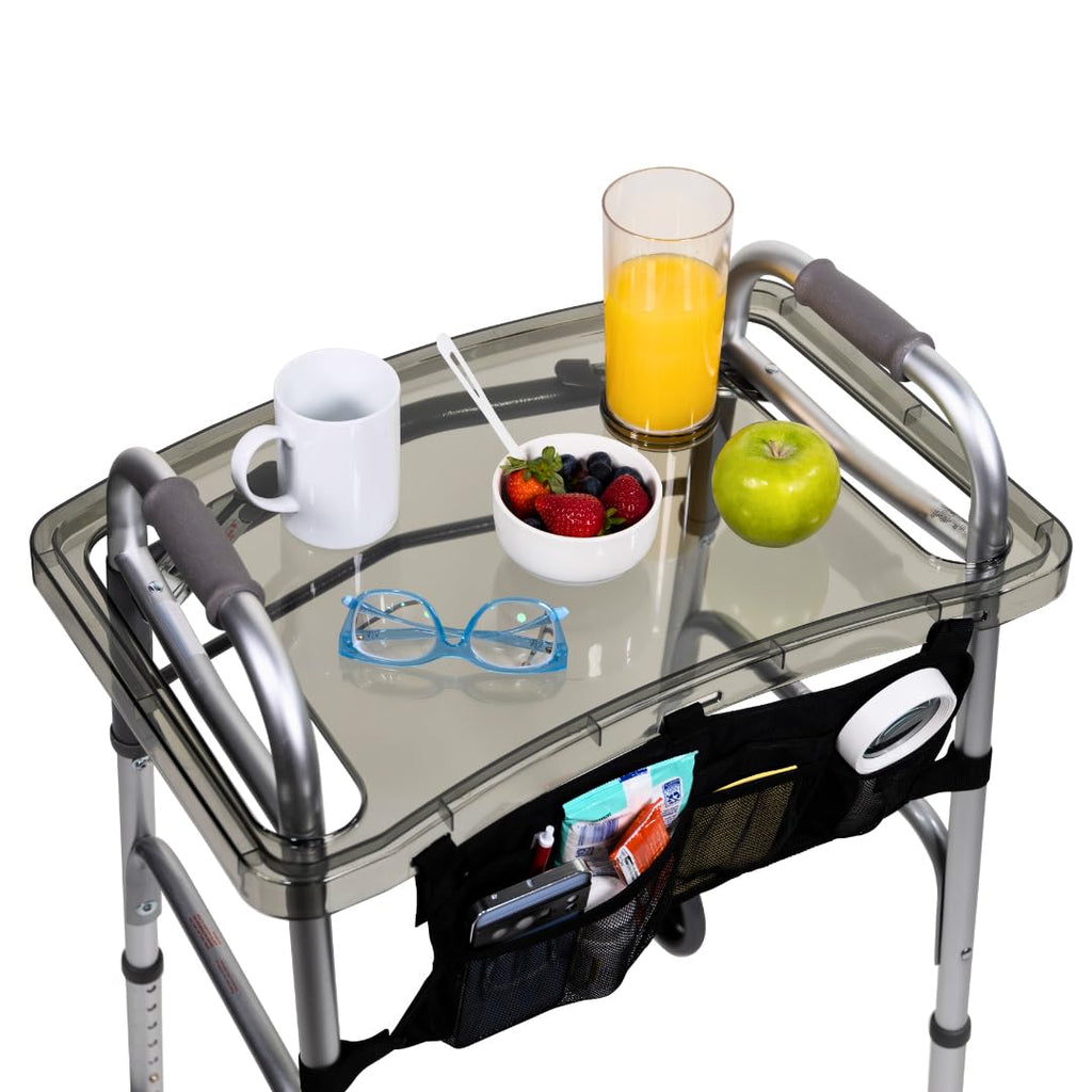 StrongArm Clear View Walker Tray + Bag + Non-Slip Mat & Cup Holder, Tray for Folding Walkers, Food Tray, Walker Accessories, Tray Table for Standard Adult Walkers (Black)