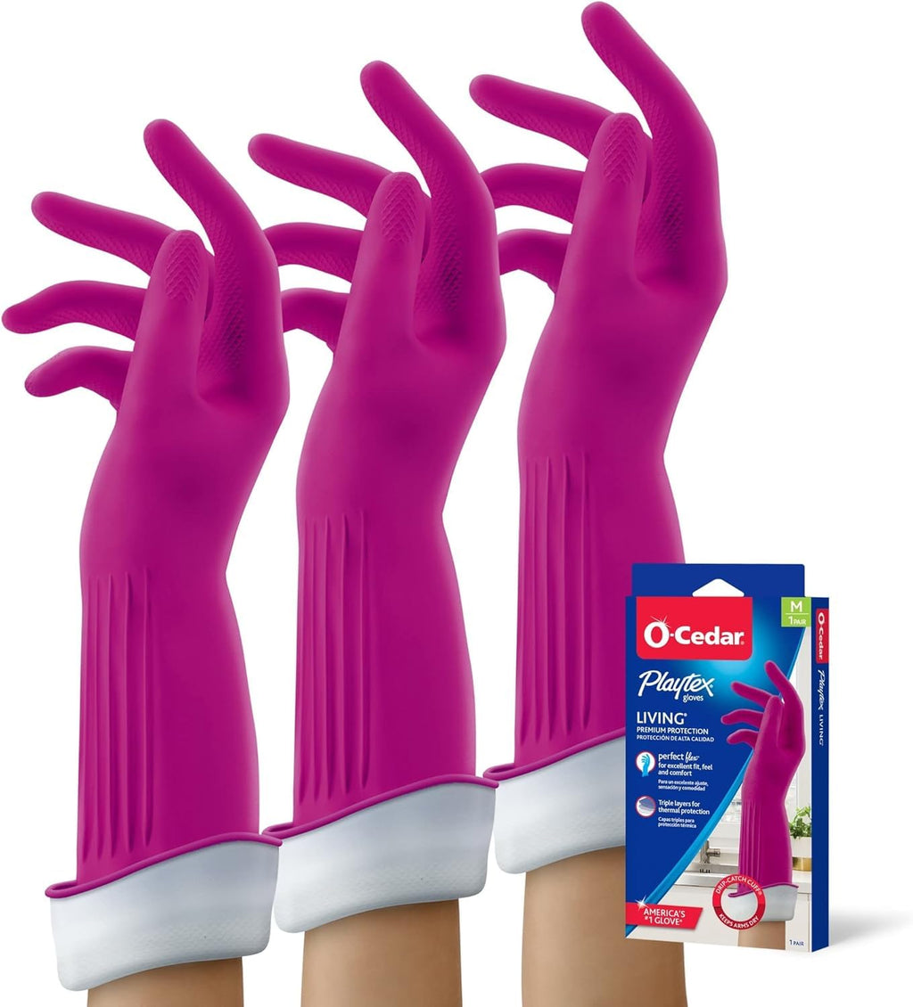 Playtex Living Reuseable Rubber Cleaning Gloves (Medium, 3 Pairs), Premium Protection Reusable Household Gloves