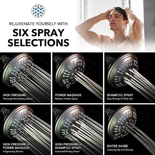 Luxury Spa Series 6 Spray Setting 4.5 Inch Adjustable High Pressure Fixed Shower Head Fixture for Hard Water, 360-Degree Tilt Massage Shower System - Oil Rubbed Bronze