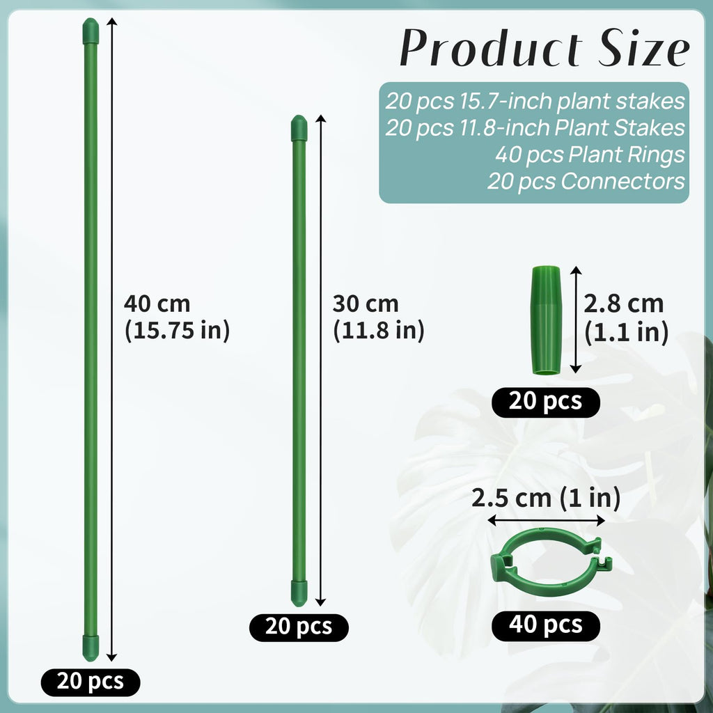 Catephe 40 Pcs Plant Support Stakes, Garden Stakes for Indoor Plants, Tall Adjustable Plant Sticks with 40 Clips and 20 Connectors for Monstera, Tomato, Vine Potted Plants