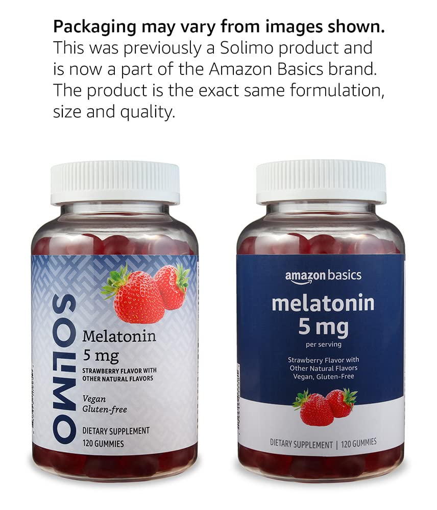 Amazon Basics Melatonin 5mg, Strawberry (Previously Solimo) 120 Gummies (2 per Serving) (Pack of 2)