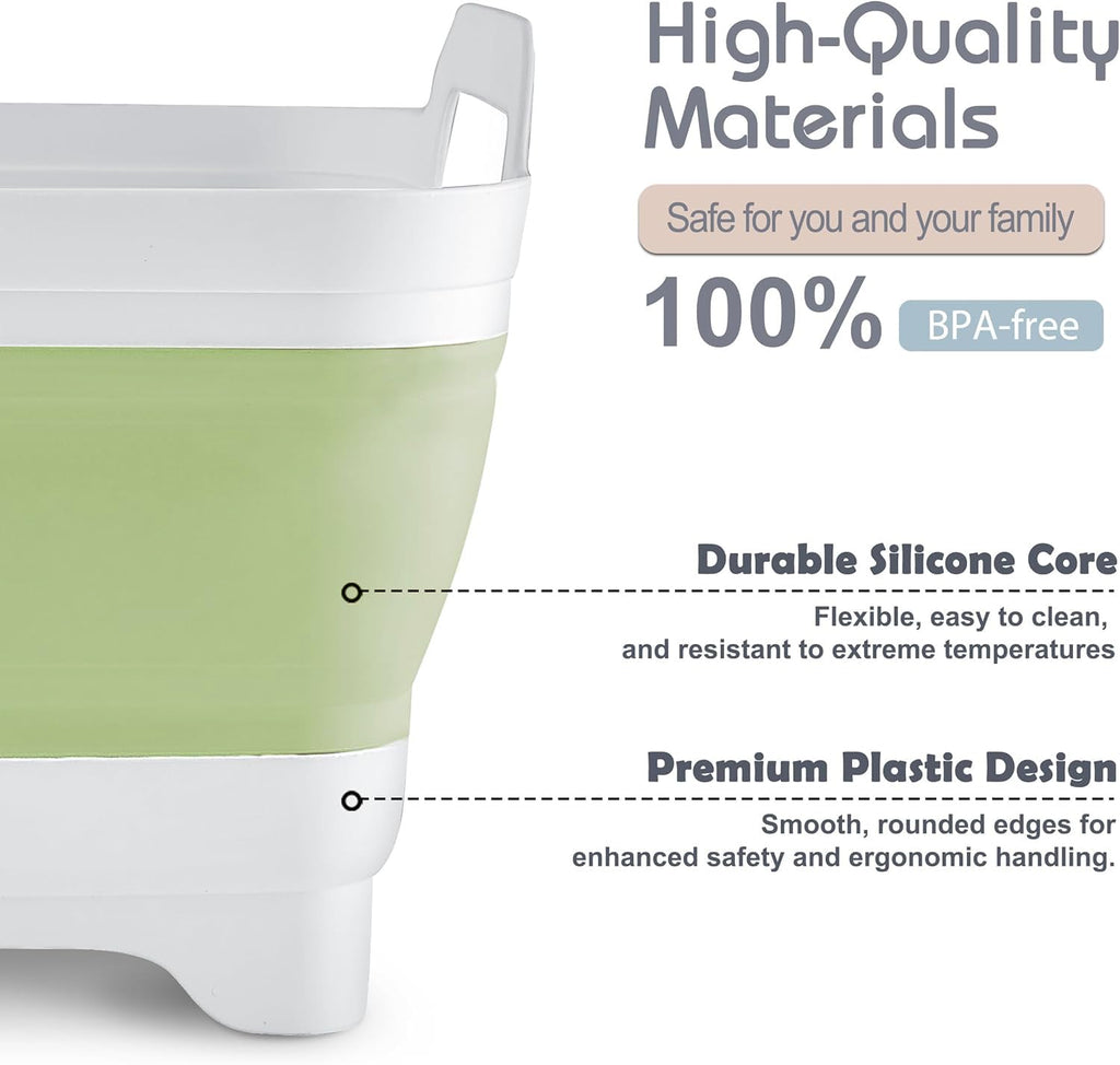 2.4 Gal(9L) Collapsible Dish Basin with Drain Plug, Space Saving Outdoor Multiuse Foldable Sink Tub, Dishpan, Kitchen Storage Tray for Camping, Vegetable Washing, RV (Green)