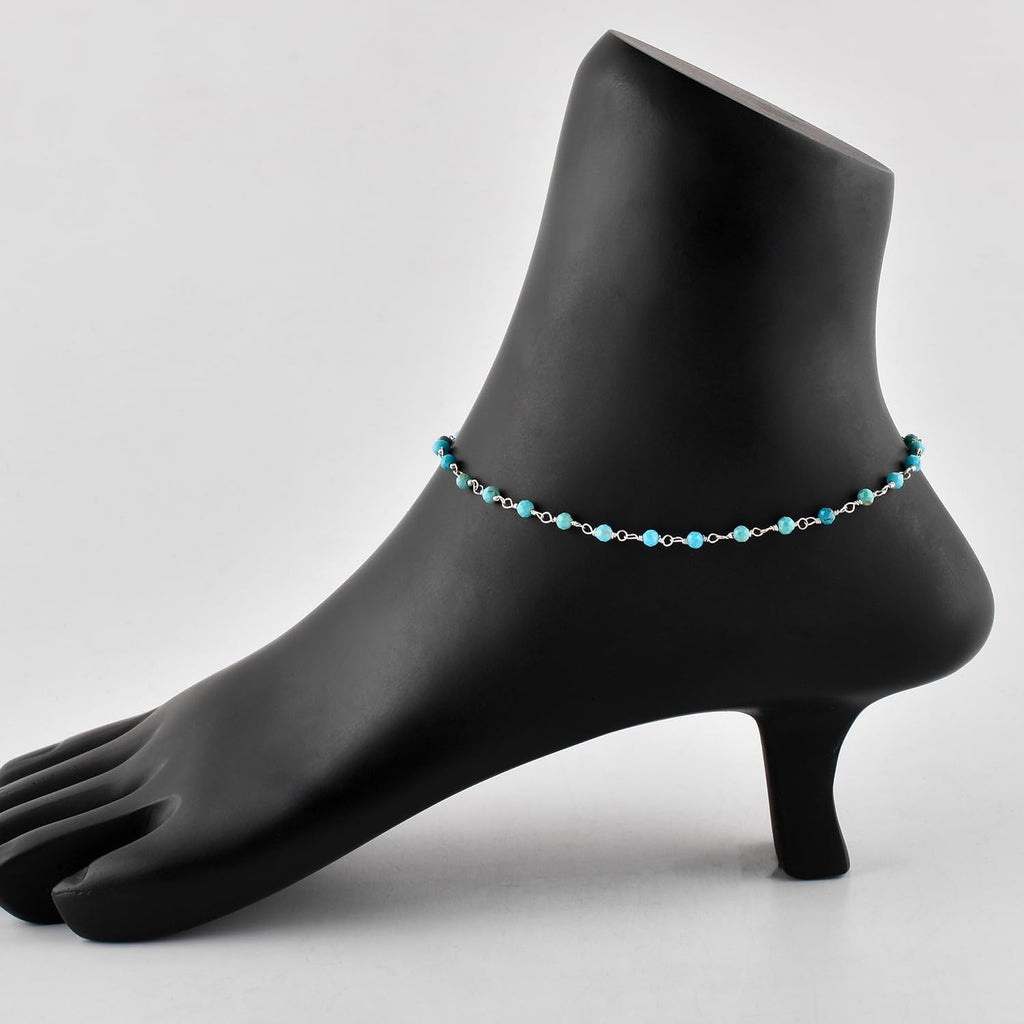 YANARA Blue Turquoise Anklet for Women, Dainty Boho Summer Beach Jewelry for Girls, December Birthstone Handmade Charm Ankle Bracelets Silver Plated 9+1.5 inch Chain, Mother's Day Jewelry For Her