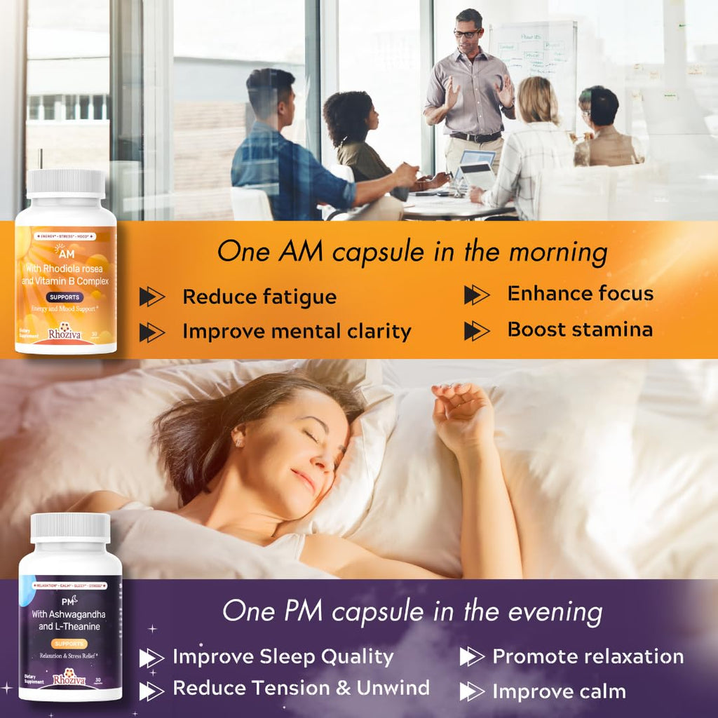 AM PM Multivitamin - Cortisol Supplements for Women and Men with L-Theanine, Ashwagandha - Rhodiola Rosea Supplement 200mg - Vitamin B Complex - Nootropics - Day and Night Vitamins for Women & Men