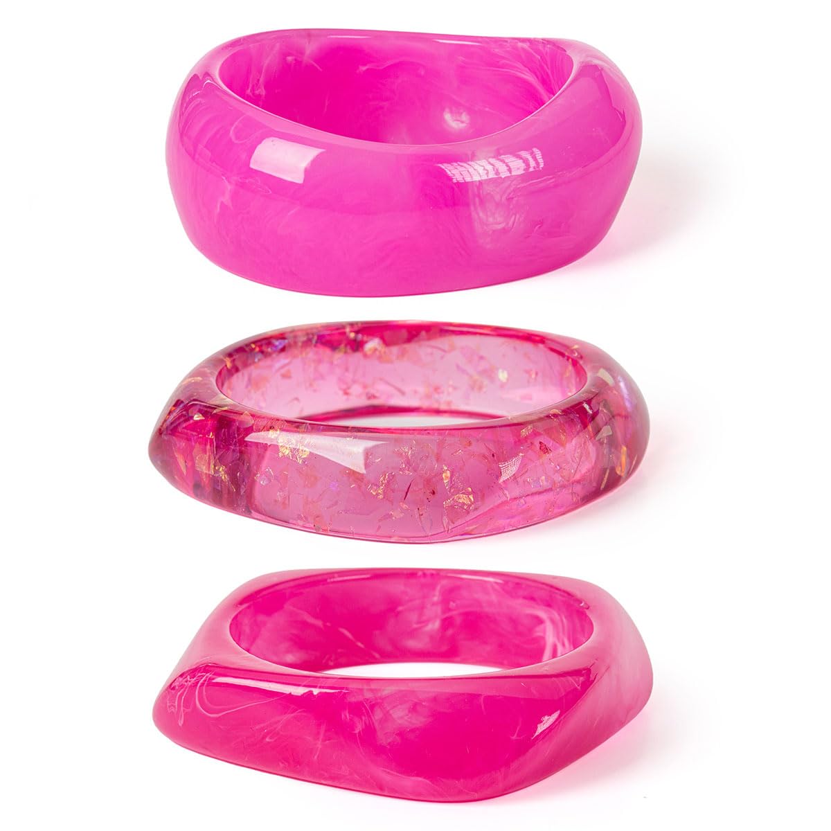 3PCS/Set Chunky Acrylic Resin Bangles Bracelets for Women, Irregular Geometric Designs, Fashion Thick Fuchsia Statement Stackable Bangle Set, Cute Trendy Jewelry, Summer Boho Bracelet Jewelry Gifts (Rose Red)