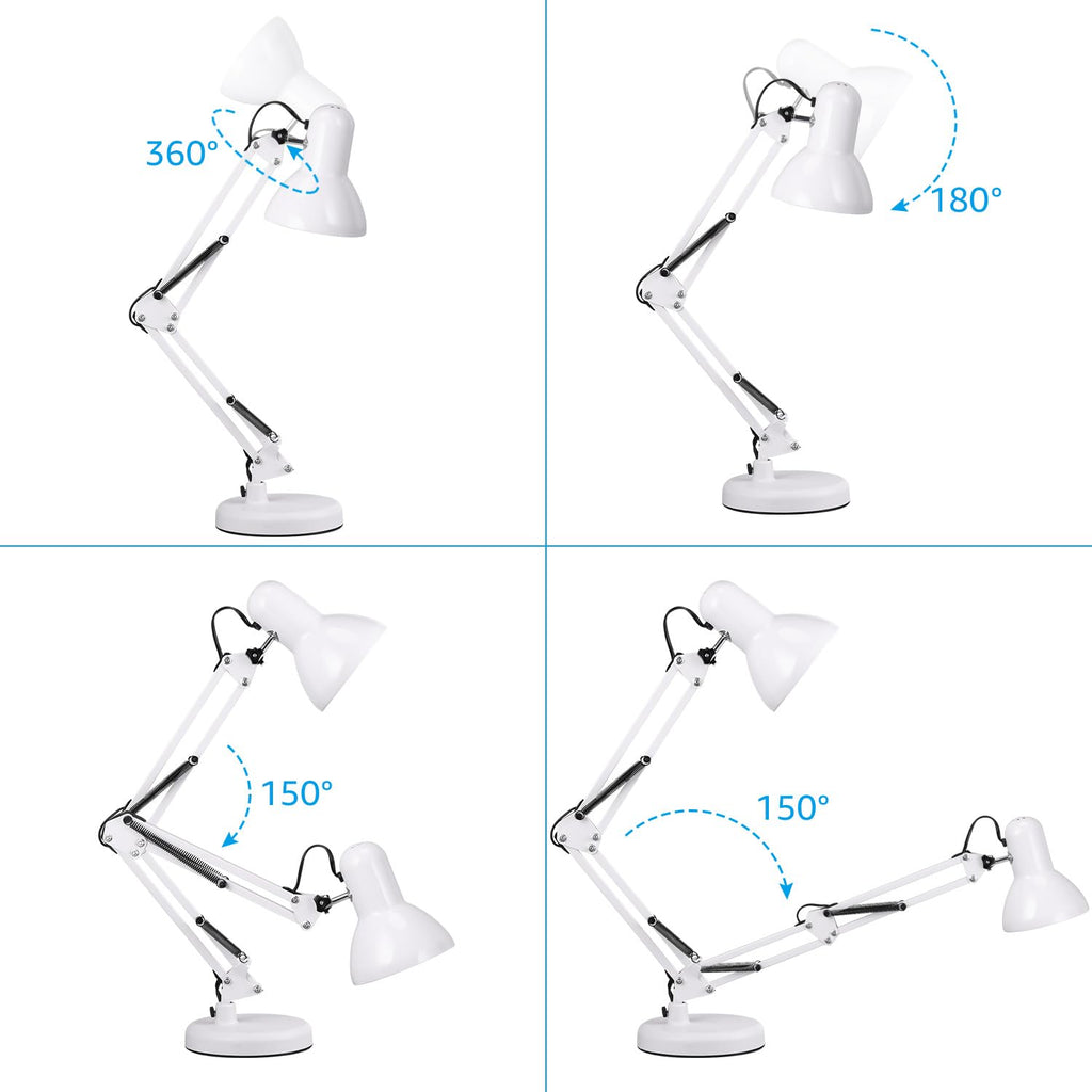 TORCHSTAR Metal Desk Lamp with Clamp, Swing Arm, Architect Adjustable Gooseneck Table Lamp, Clip Desk Lights for Home Office, Work, Study, Reading, E26 Base, Multi-Joint, White
