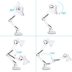 TORCHSTAR Metal Desk Lamp with Clamp, Swing Arm, Architect Adjustable Gooseneck Table Lamp, Clip Desk Lights for Home Office, Work, Study, Reading, E26 Base, Multi-Joint, White