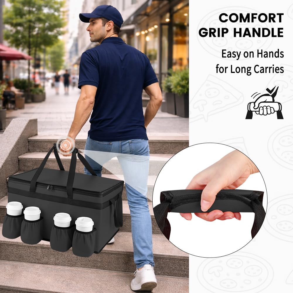 CIVJET Insulated Food Delivery Bag with 4 Cup Holders, XX-Large Insulated Grocery Bags Keep Food Hot/Cold, Cooler Bags with Drink Carrier, Food Carrier Catering Bag, Commercial Food Warmers, Black