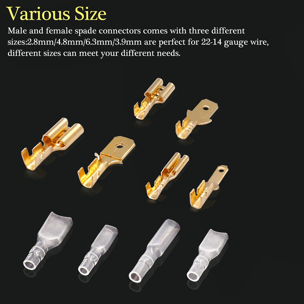 Twidec/360Pcs 2.8/4.8/6.3mm Quick Splice Male and Female Wire Spade Connector Crimp Terminal Block Assortment Kit Golden with Insulating Sleeve for Electrical Wiring Car with Wire Crimper Tool