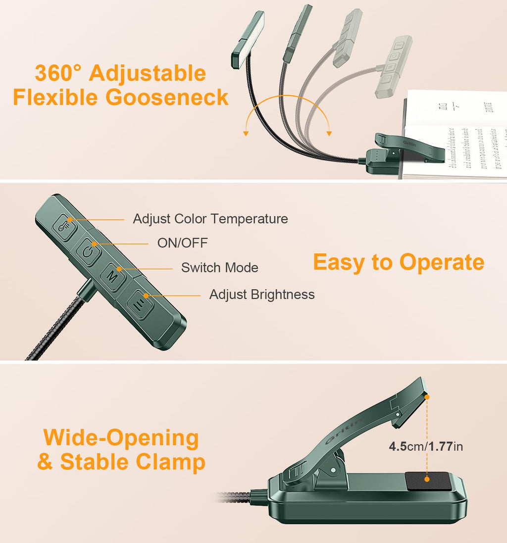 Gritin 2026 Gen 2 Book Light for Reading- 32 Eye Caring Full Spectrum LED, 5 Colors & 5 Brightness, Adjustable Wide/Narrow Beam, Upgrade 1500mAh Long-Lasting Clip on Light for Book Lovers-Forest Green