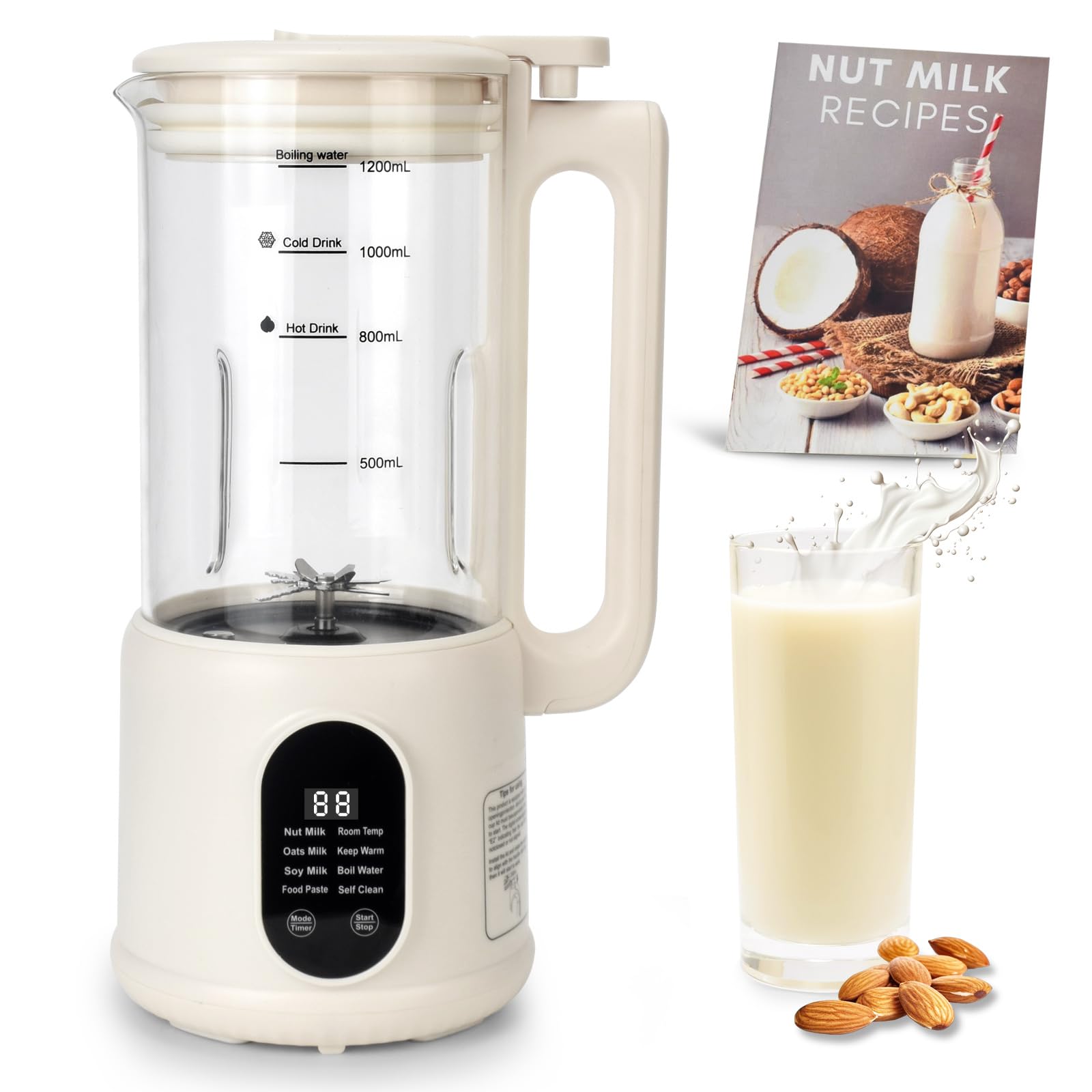 Nut Milk Maker, 8 in 1 Homemade Automatic Plant-Based Milk, Soy Milk, Oat Milk, Almond Milk, Coconut Milk & More, Multifunctional/12 Hours Timer/Auto-Clean/Room Temp/Keep Warm/Boil/Room Temp/Low-Noise
