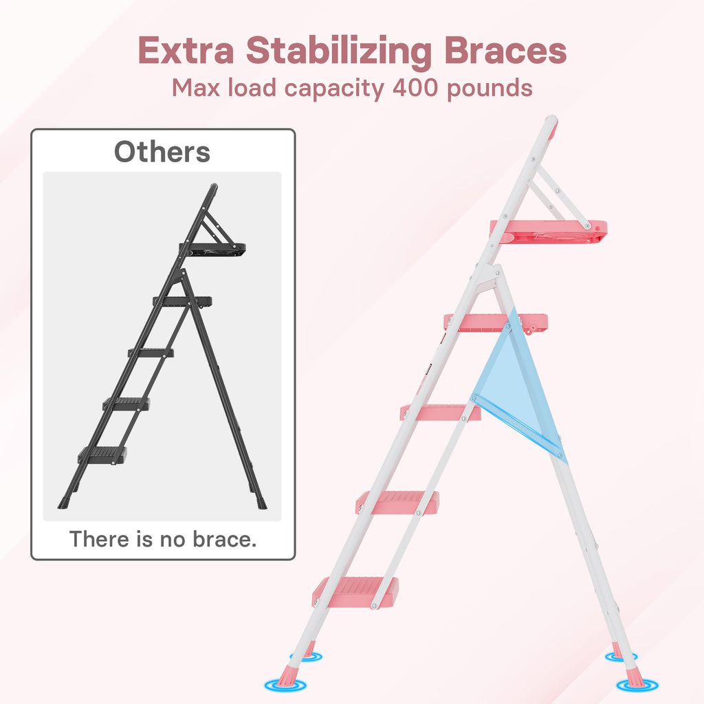 BONTEC 4-Step Ladder, 400lbs Max Load, Folding Step Stool with Tool Tray, Anti-Slip Pedals, Sturdy Steel, Lightweight Portable Ladder with Handrail for Home & Work Use, Pink