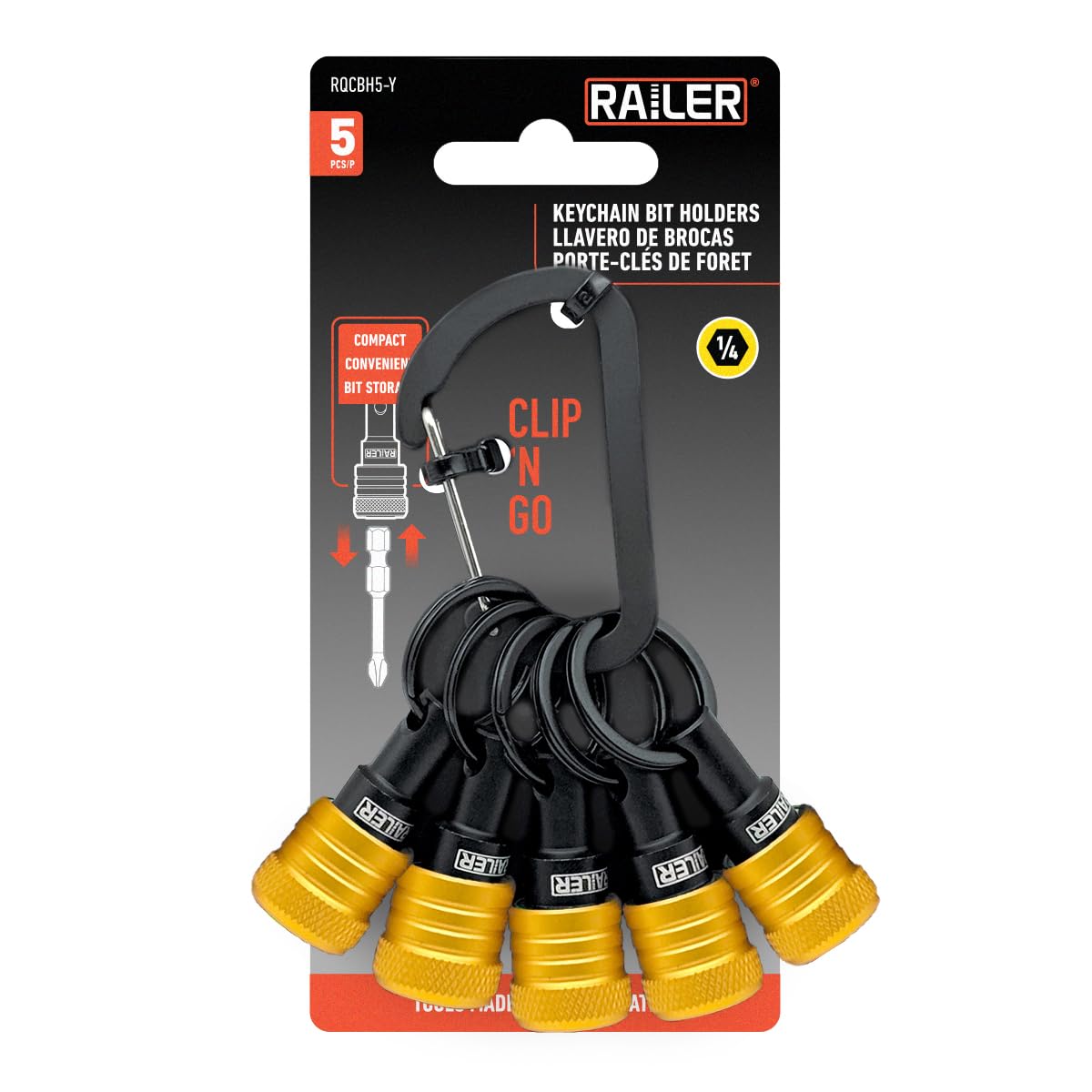 Railer Bit Holder Keychain 5pc - 1/4 inch Hex Shank Aluminum Alloy Bit Holders - Quick Release Bit Holder for Nut Driver, Screwdriver & Drill Bits w/Carabiner - Tool Gifts for Men