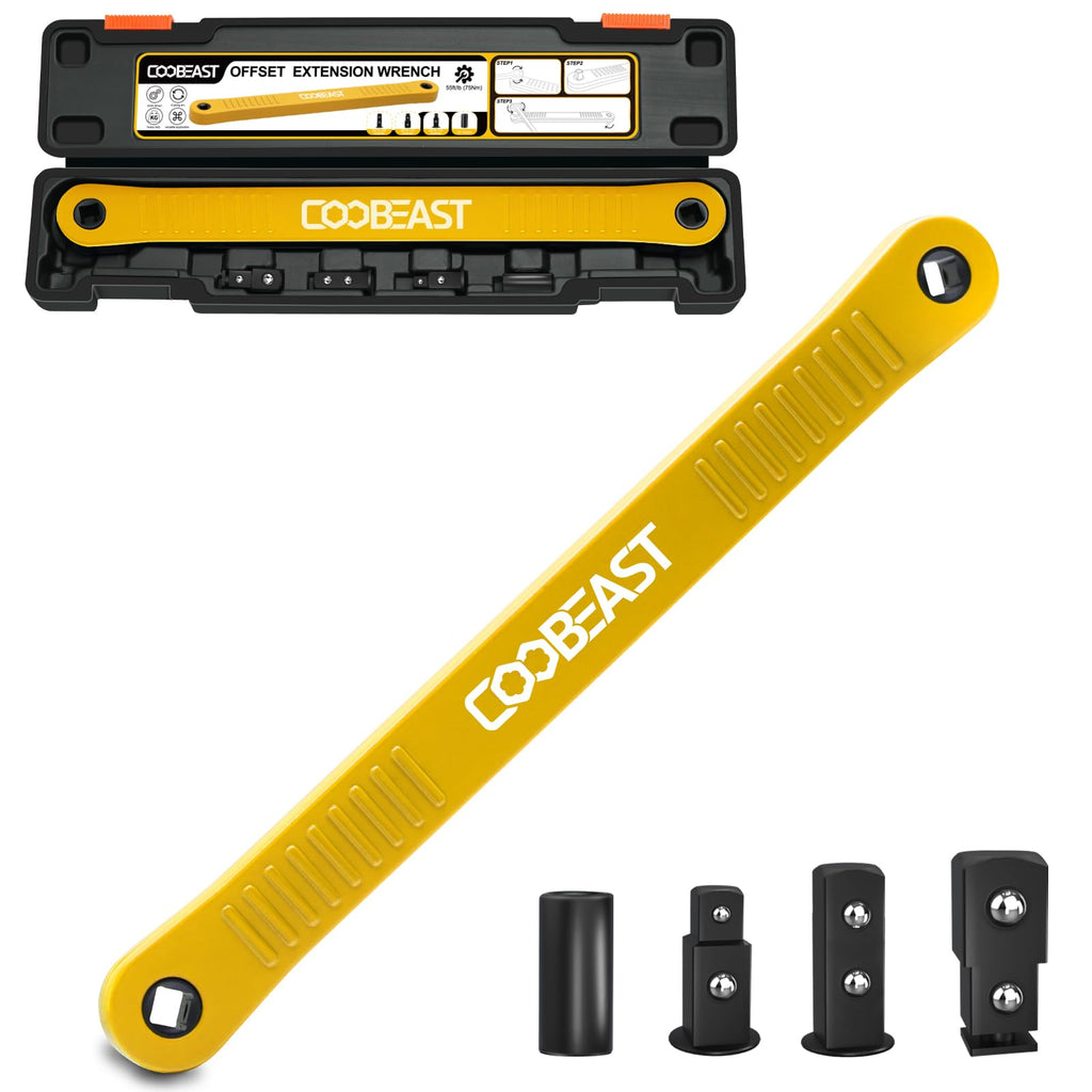 coobeast Offset Extension Wrench Impact Ready Socket Wrench Extender Tool with Versatile 1/4", 3/8", and 1/2" Square Drive Adapters, Universal Extensions Wrench for Small Place, Yellow