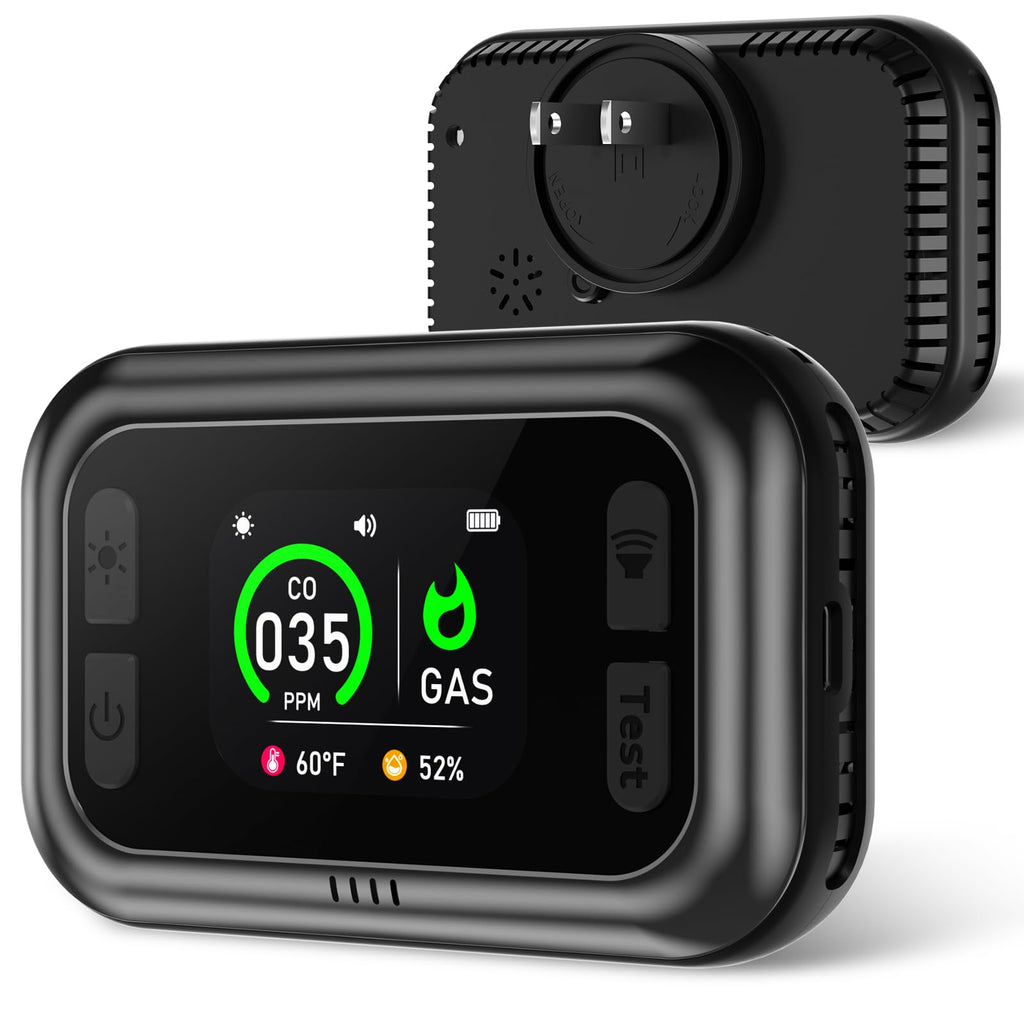 5 in 1 Carbon Monoxide Detectors, Natural Gas Detector with Dual Alarm & Bulit-in Battery, Propane CO Detector Plug in (Temp & Humidity) for Home RV Camping Travel (Black)