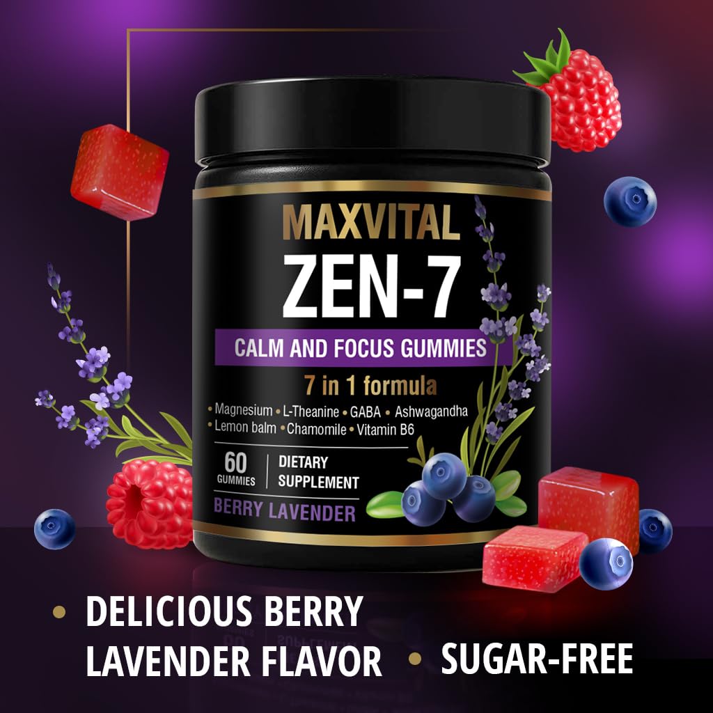 MAXVITAL Zen-7 Calm & Focus Gummies for Adults - Sugar Free Daily Calm & Mental Clarity Support - L-Theanine, GABA, Ashwagandha, Magnesium, Lemon Balm & B6 - Berry Lavender - 60 Vegan Gummies