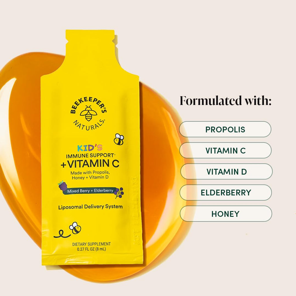 Beekeeper's Naturals Kid's Immune Liposomal Vitamin C, 500 mg Vitamin C, Elderberry, Vitamin D, Propolis & Honey, Kid-Friendly Immune Support - Mixed Berry Flavor, Easy to Use, Bioavailable, 30 Ct