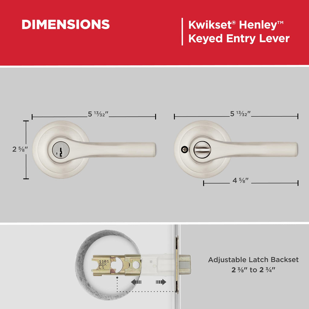 Kwikset Henley Entry Door Handle with Lock and Key, Secure Keyed Reversible Lever Exterior, For Front Entrance and Bedrooms, Satin Nickel, Pick Resistant Smartkey Rekey Security and Microban