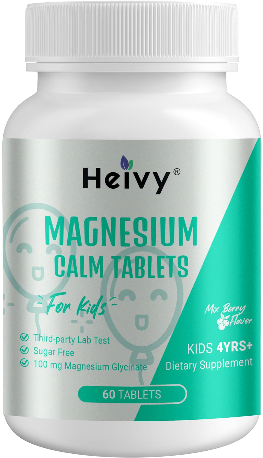 Heivy Kids Calming Supplement, Contains Magnesium Glycinate & Vitamin B6, Support Calm & Relax, Calm Mind and Body, Berry Flavor for Age 4+ (60 Servings), Vegan, Gluten-Free, Made in USA