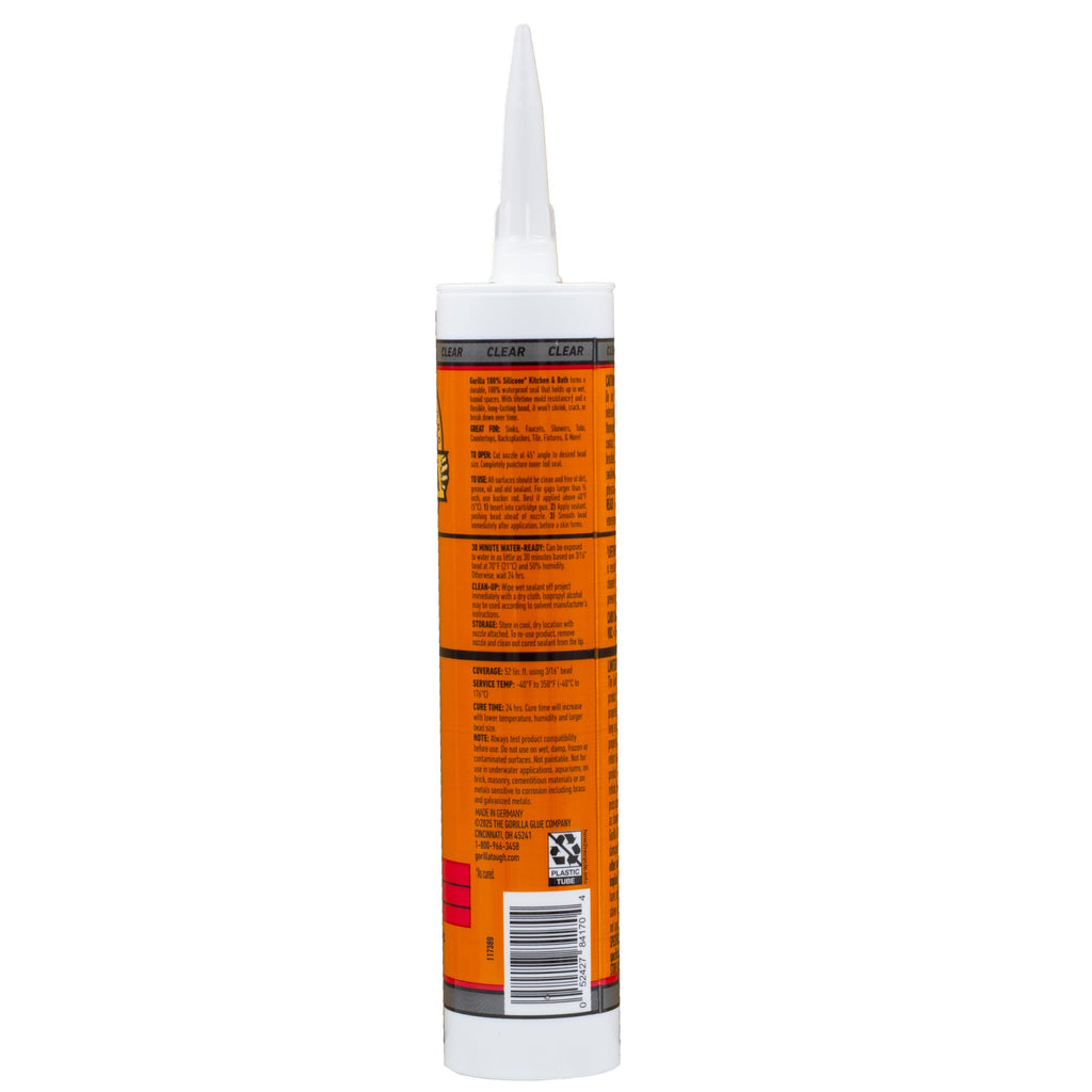 Gorilla 100% Silicone Caulk, Kitchen & Bath Sealant, 10oz Cartridge, Clear