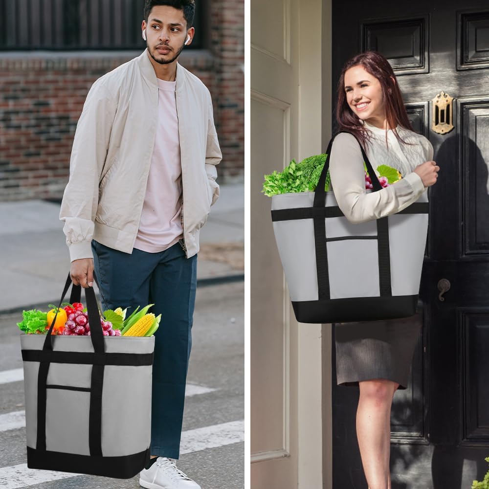 CIVJET Insulated Reusable Tote Bag for Grocery Shopping for Women/Men, Pizza/Food Delivery Bag to Keep Food Cold/Hot for Professional Catering, Cooler bags for Travel/Beach/Picnic, Grey, 3-Pack