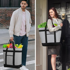 CIVJET Insulated Reusable Tote Bag for Grocery Shopping for Women/Men, Pizza/Food Delivery Bag to Keep Food Cold/Hot for Professional Catering, Cooler bags for Travel/Beach/Picnic, Grey, 3-Pack