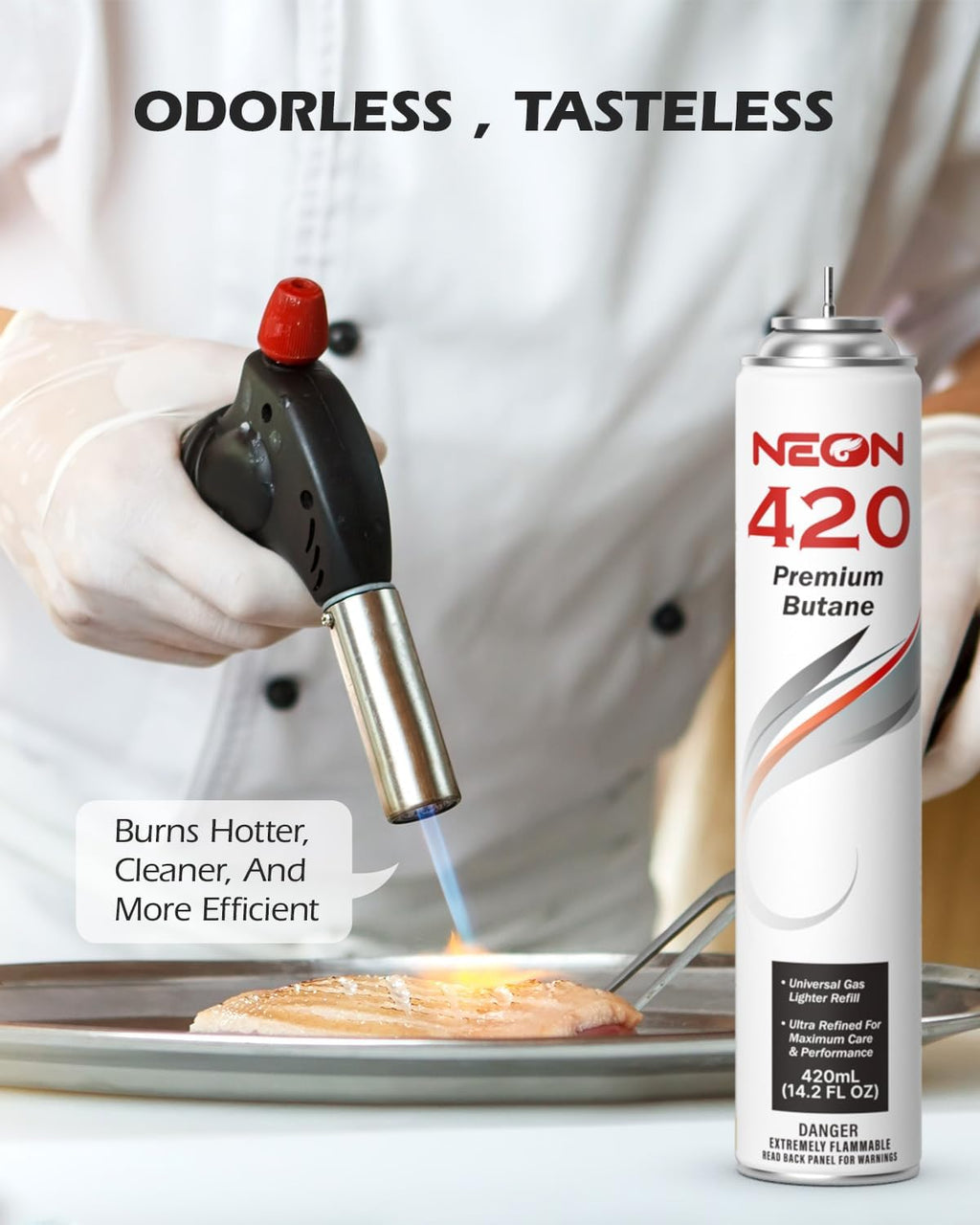 NEON Butane Refill 420ml, 11X Ultra Refined 0 Impurities Butane Fuel, Premium Universal Lighter Fluid with Metal Nozzle and 5 Butane Gas Refill Adapters for Refillable Lighters and Torches, 12 Cans
