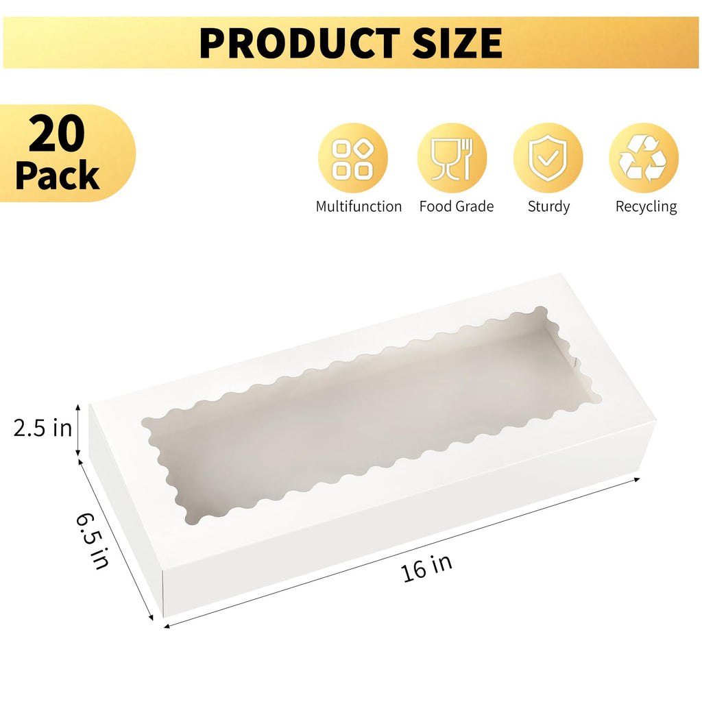 Ocmoiy 20 Pack Cookie Boxes, 16x6.5x2.5 Inch Bakery Boxes with Window, Auto-Popup Treat Box for Chocolate Covered Strawberries, Cocoa Bombs, Donuts, Muffins, Pastries