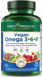 Purity Products Vegan Omega 3 6 9 Formula - “5 in 1” Essential Fatty Acid Complex - Scientifically Formulated Plant-Based Vegan Omega 3-6-9 Essential Fatty Acids (EFA) - 3 Month Supply - 180 Softgels