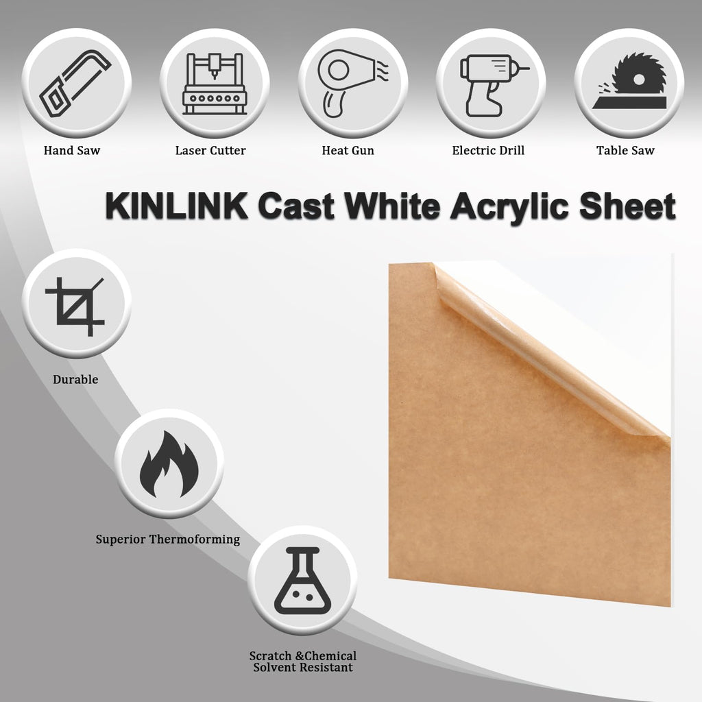 KINLINK 12x16 Plexiglass Sheets 1/8 inch Thick - 3mm White Cast Acrylic Sheet, Plastic Board Polycarbonate Sheet for DIY Project, Craft, Table Top, Acrylic Sign and Wedding Invitation 2 Pack