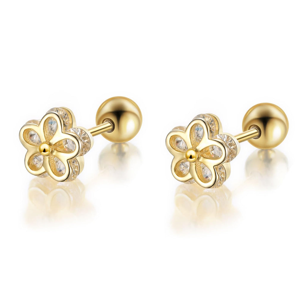 Gold Flower Stud Earrings 925 Sterling Silver 18K Gold Plated Cubic Zirconia Screw Back Cute Hypoallergenic for Women Jewelry Gift Graduation Gift Thanksgiving Day Christmas