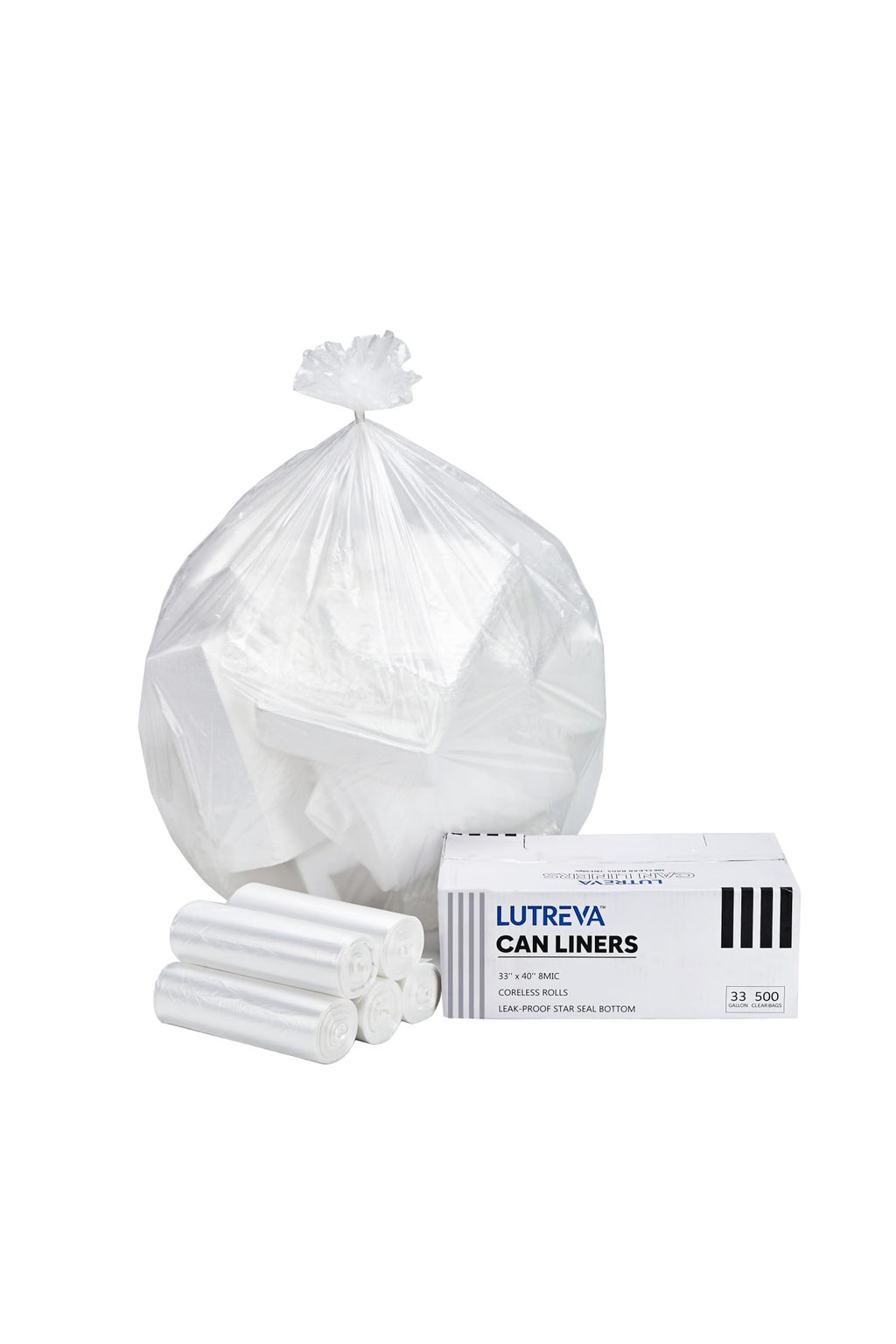 LUTREVA 33 Gallon Clear Trash Can Liners, 33'' x 40'', 500 Count High Density Garbage Bags for Home, Outdoor, Hotels, Recycling, Commercial, and Industrial Use