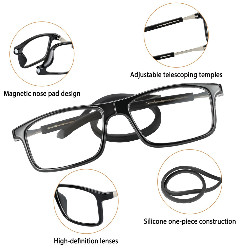 Ouolipraa Magnetic Reading Glasses for Men and Women Neck Hanging Blue Light Blocking Computer Readers Anti Glare Eyeglasses UV400 Protection Rectangular Frames Eyewear Lightweight Foldable Black 2.0