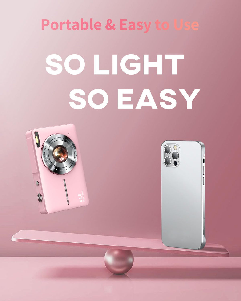 Lecran Digital Camera, FHD 1080P Point and Shoot Camera for Kids Teens Pink