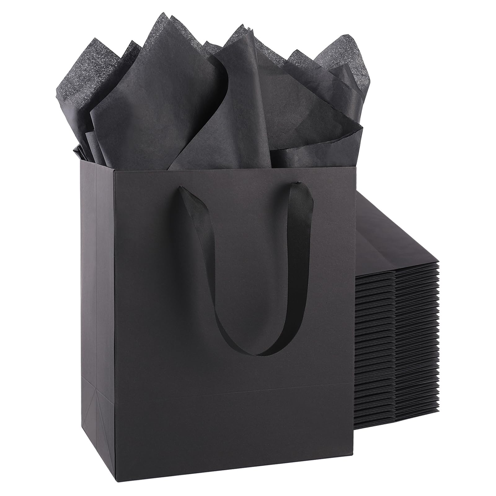 Addblu 10Pack Black Gift Bags with Handles, Medium Size 8x5x10 Inches - Includes 10 Tissue Papers for Birthday Party, Wedding, Baby Shower & Christmas (Small - 10Pcs)