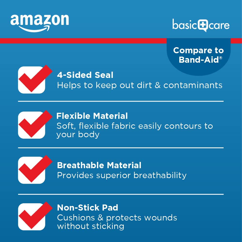 Amazon Basic Care Adhesive Bandages, Flexible Fabric, 100 Count | Pack of 3 | All-One Size | First Aid