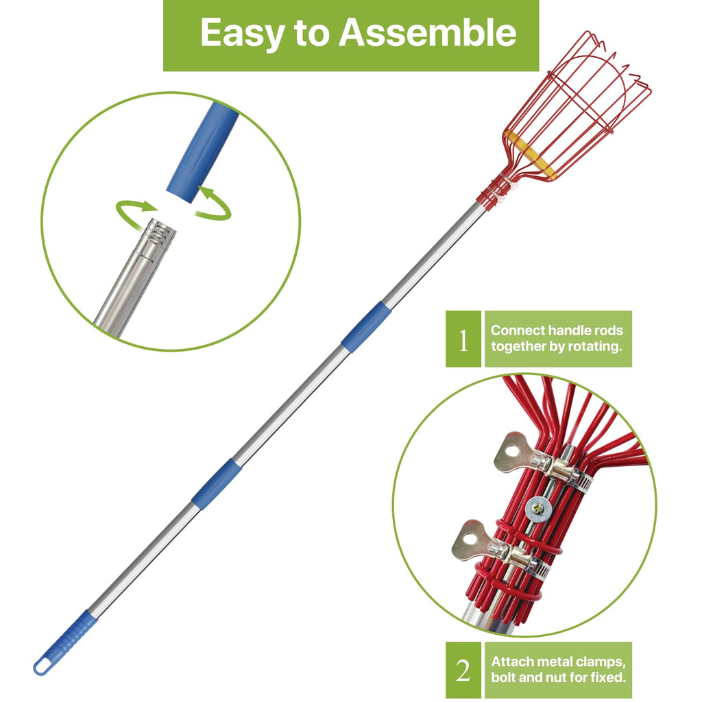 Fruit Picker, 8 ft Long Fruit Picker Pole with Basket Telescoping, Apple Fruit Tree Picker with Pole Extendable, Fruit Grabber & Cather with Stainless Steel Pole for Mango, Orange, Fig, Lemon