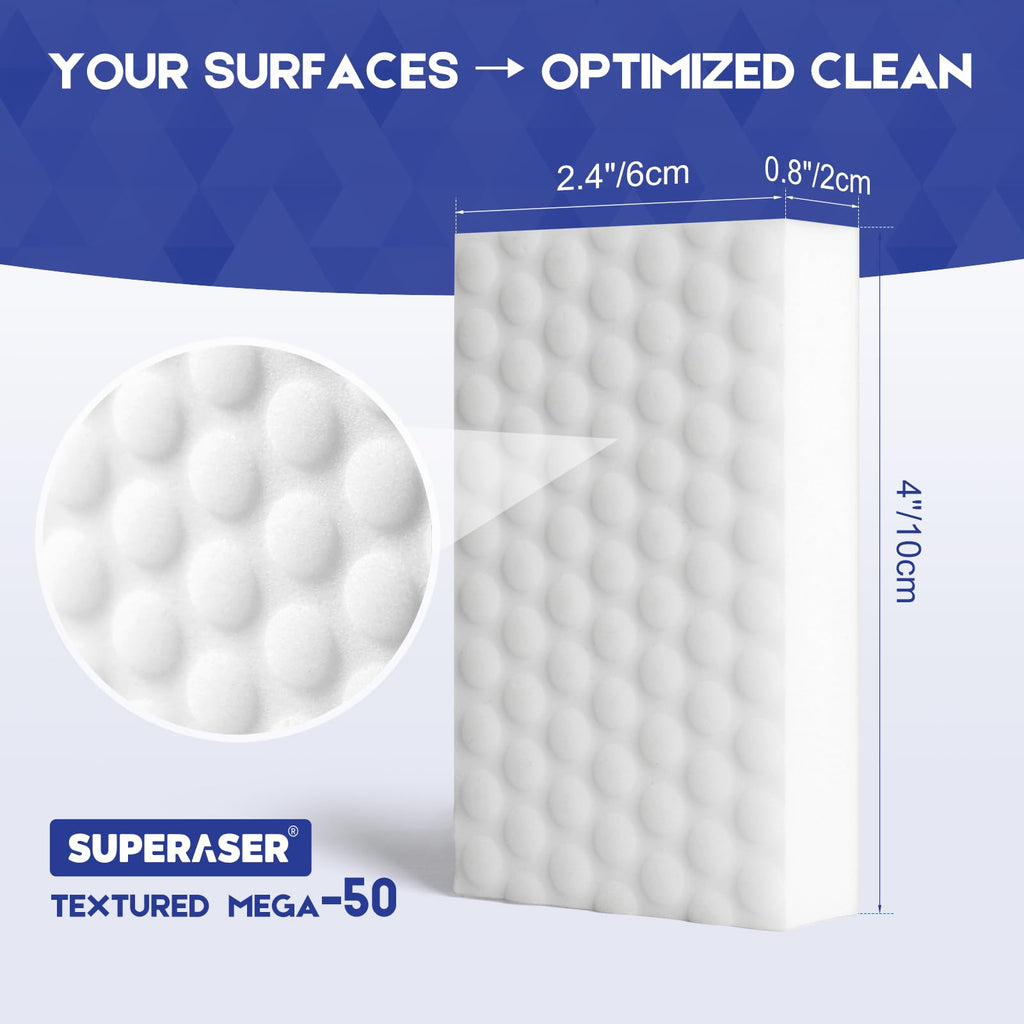 SUPERASER Magic Sponge Bulk 50 Pack, Textured MEGA-50 | Long Lasting Value Supply for Heavy-Duty Cleaning | All-Purpose Melamine Foam Pads