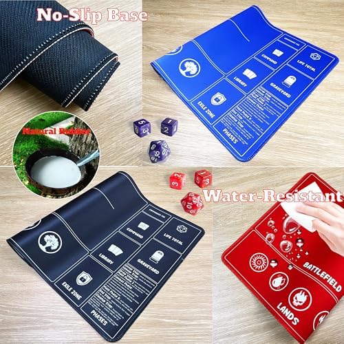 Card Game Playmats MTG Playmat for Beginner 2 Pack with Dices, Magic Mat Commander Deck Card Playmat for TCG MTG Accessories Play Mat 24x14 Inches Duel Card Battles, Black/Blue