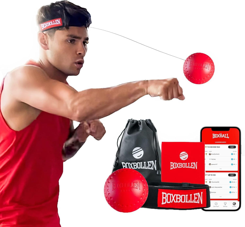 Boxbollen® Boxing Reflex Ball - Celebrity-Endorsed Home Workout Game - App-Connected Punch Counter - Hand Eye Coordination Training Ball - Christmas Gift for Boxers, All Ages - Stocking Stuffer - Red